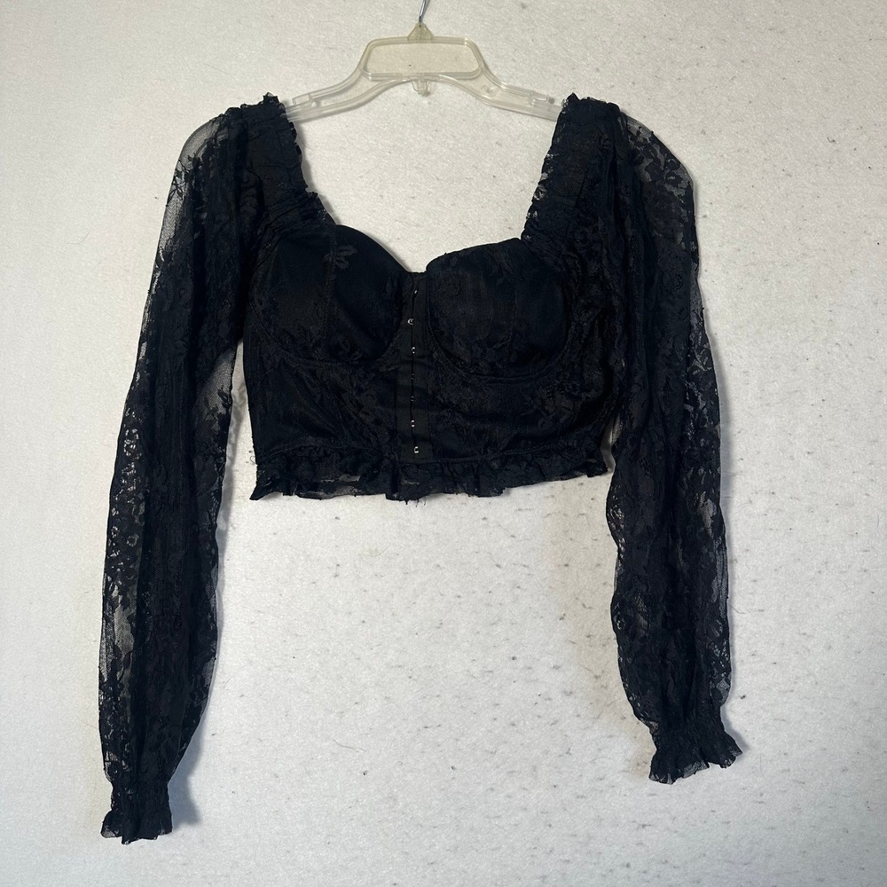 Almost Famous Black Lace Crop Top Long Sleeve Hook Eye Front Sweetheart Medium